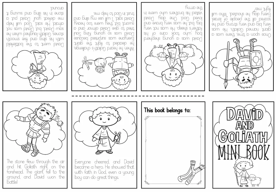 Black-and-white mini book sheet pairs six David and Goliath story scenes with traceable story text