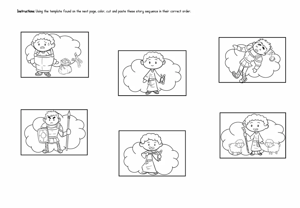 Six sequencing pictures to color, cut, and paste show Goliath, David with sheep, the sling, and victory