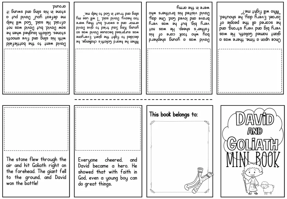 Picture-fill mini book sheet provides six story passages for matching the cut-out David and Goliath scenes