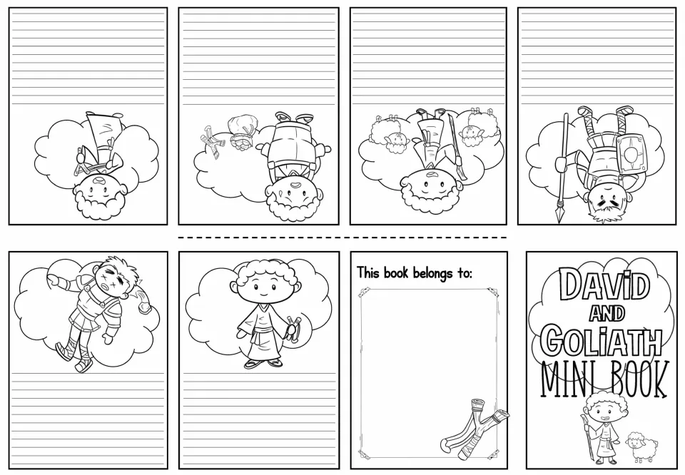 Story retelling mini book sheet has six David and Goliath illustrations with space to write each event
