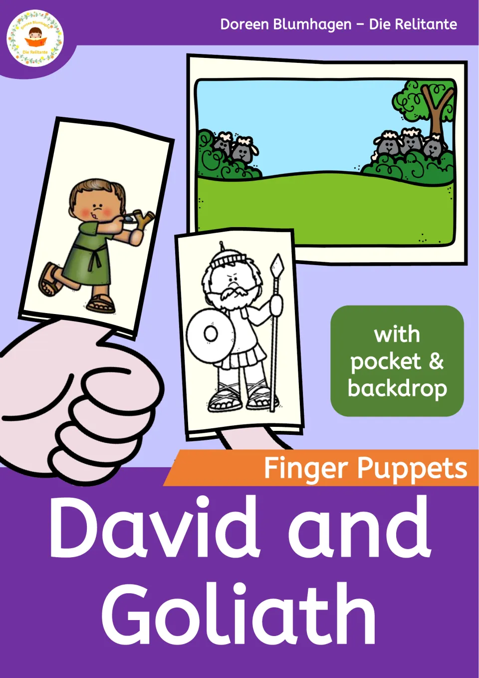 Cover for David and Goliath finger puppets with pocket and backdrop, showing David with a sling, Goliath and a sheep scene