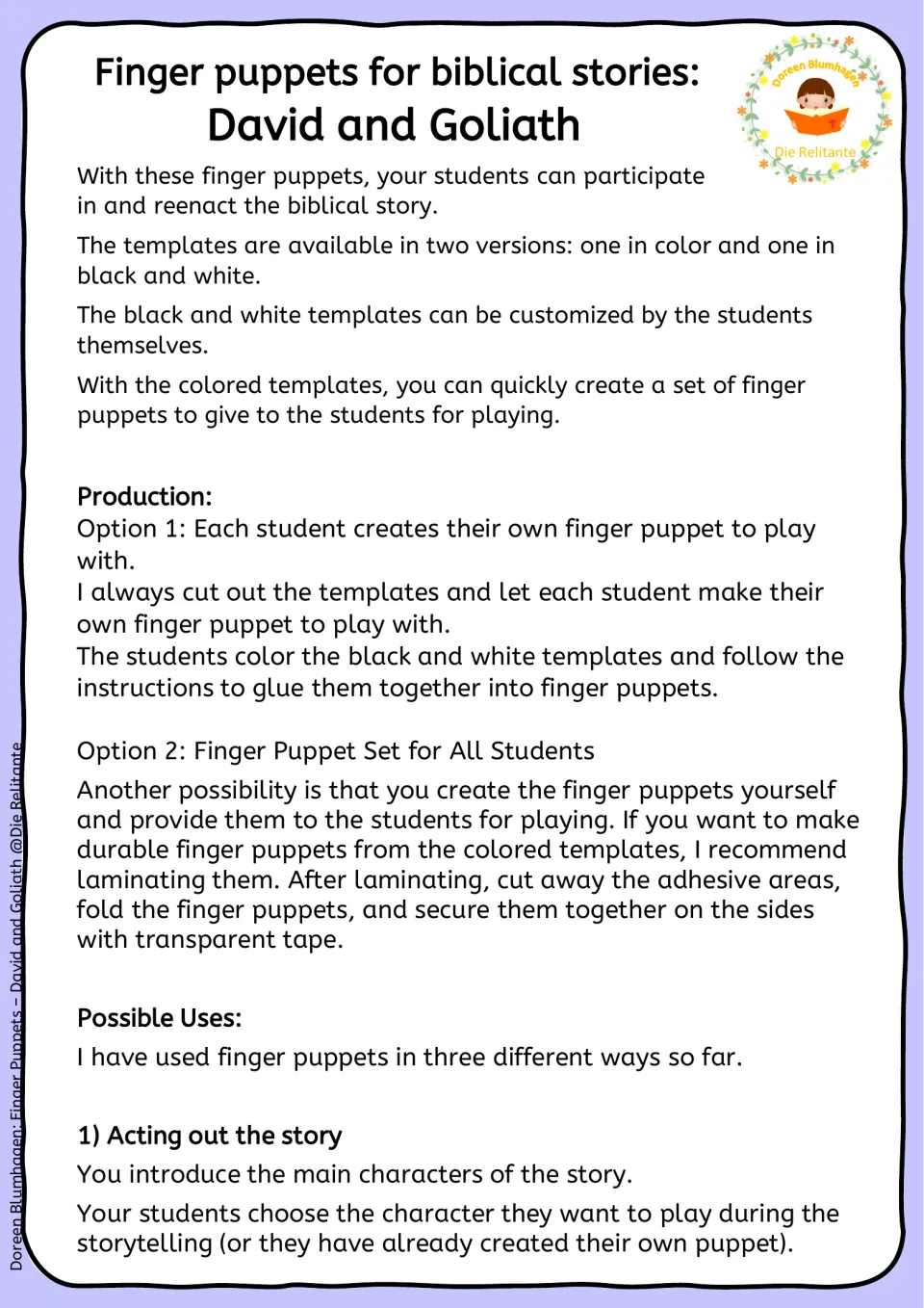 Teacher notes: two ways to make the finger puppets, color or black-and-white templates, and acting out the story as told