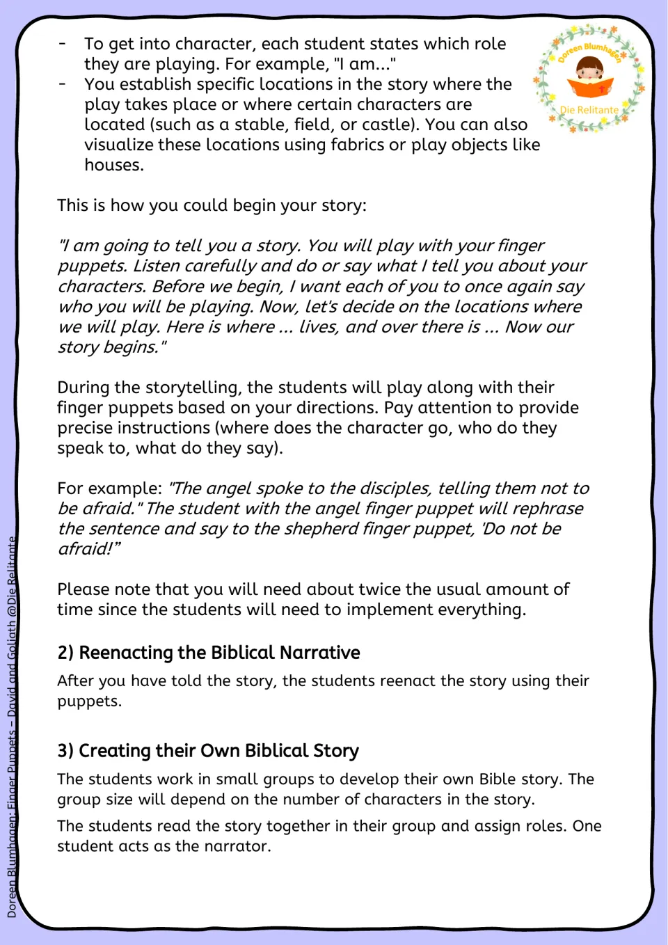 Storytelling guide: a sample opening script, role and location setup, plus reenacting and group-written Bible story options