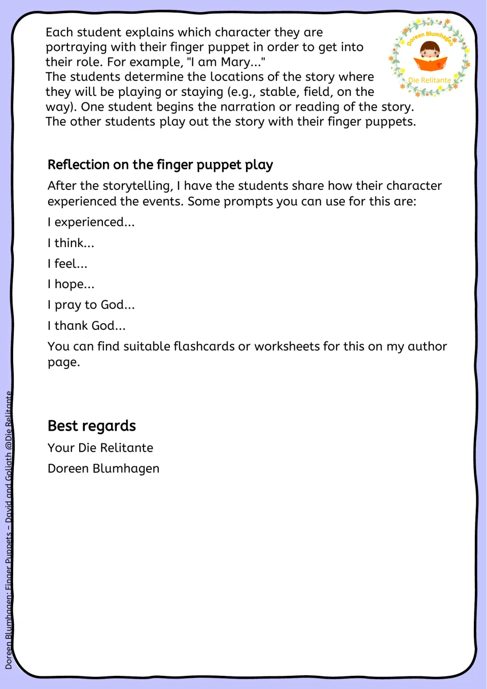 Reflection on the finger puppet play: students share their character's view using prompts like I feel, I hope, I thank God