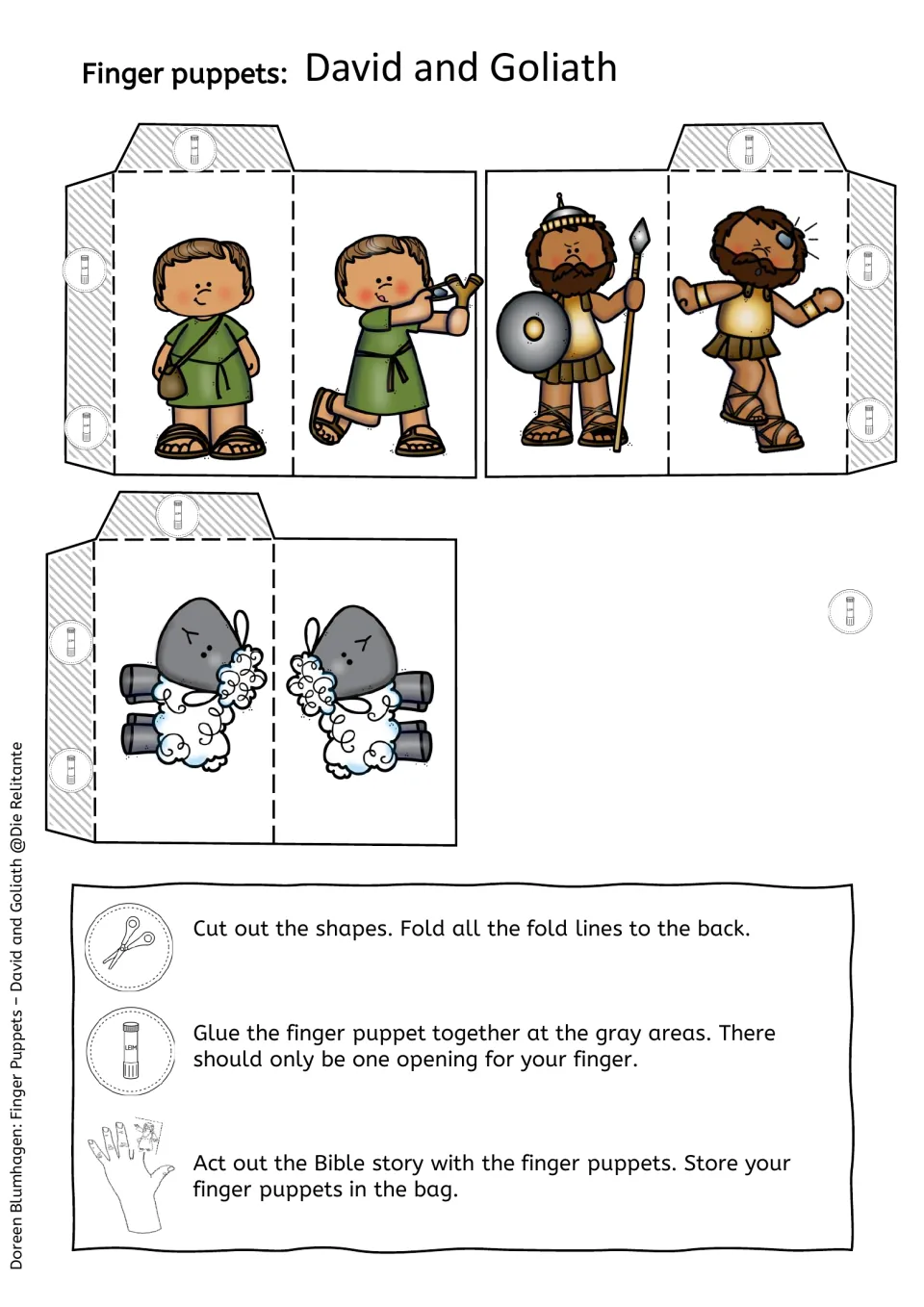 Color puppet templates of David, David with sling, Goliath, fallen Goliath and a sheep; students cut, fold and glue each one