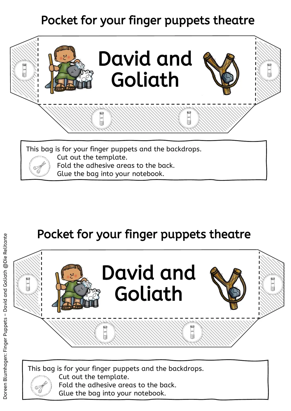 Pocket templates in color: two storage bags with shepherd David, a sheep and a sling, to cut, fold and glue in a notebook