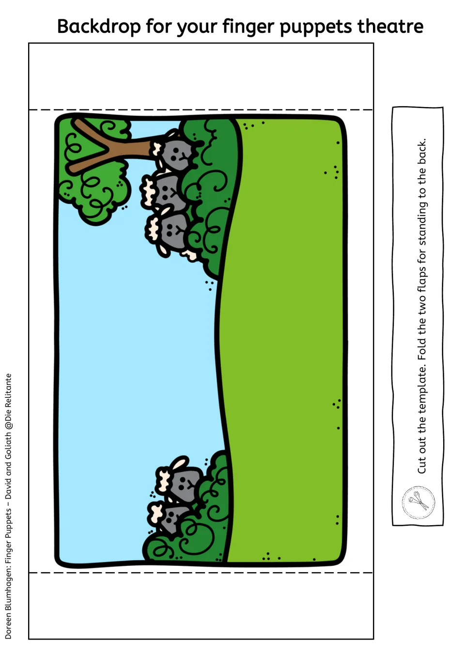Backdrop template in color: a green hillside with a tree and sheep in bushes; students cut it out and fold flaps to stand it