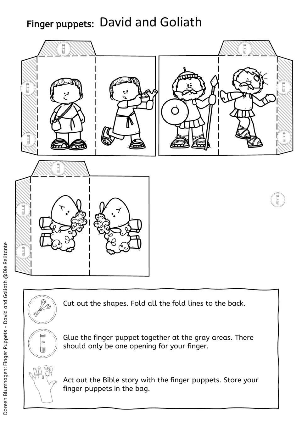 Black-and-white puppet templates of David, Goliath and a sheep for students to color, then cut, fold and glue into puppets