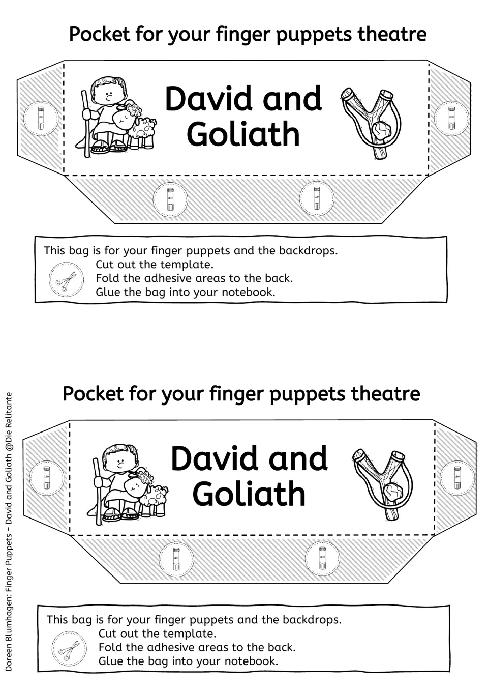 Pocket templates to color: two outline storage bags with shepherd David and a sling for students to cut out and glue in