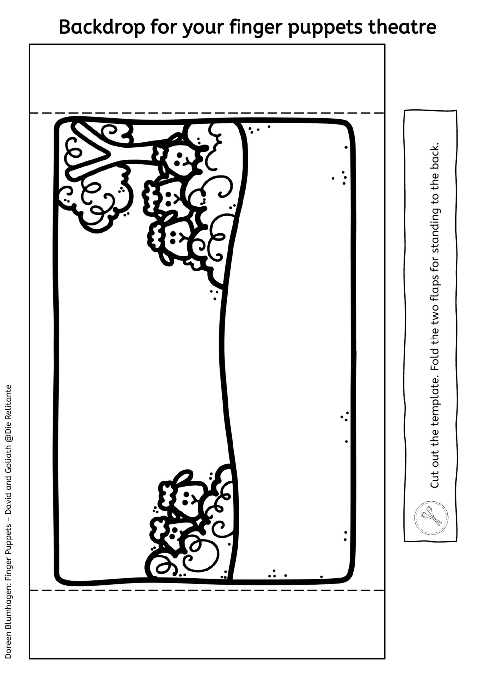 Outline backdrop of a hillside with a tree and sheep for students to color, cut out and stand up using two folding flaps