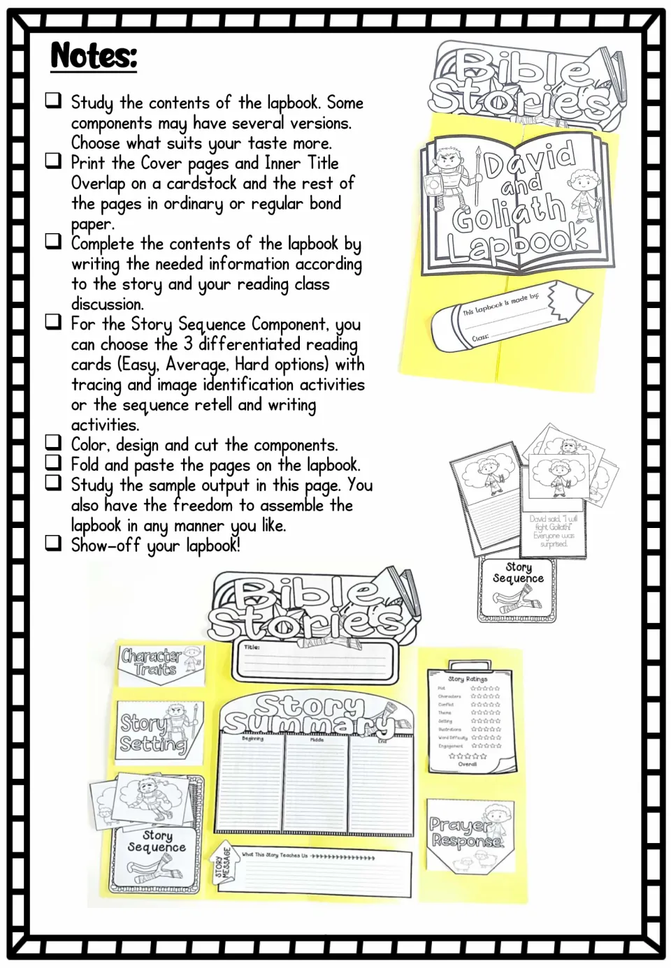 Lapbook assembly notes explain printing, reading card choices, coloring, cutting, folding, and pasting