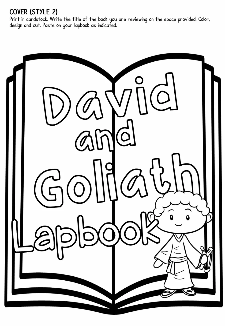 Lapbook cover option 2 features the story title and David to color, cut out, and paste on the project