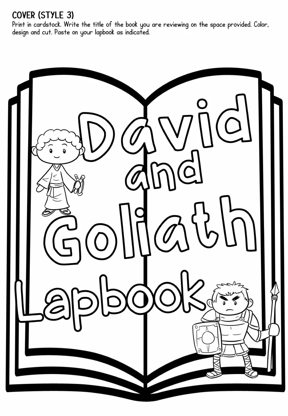 Lapbook cover option 3 features David and Goliath beside the story title for students to color and cut out
