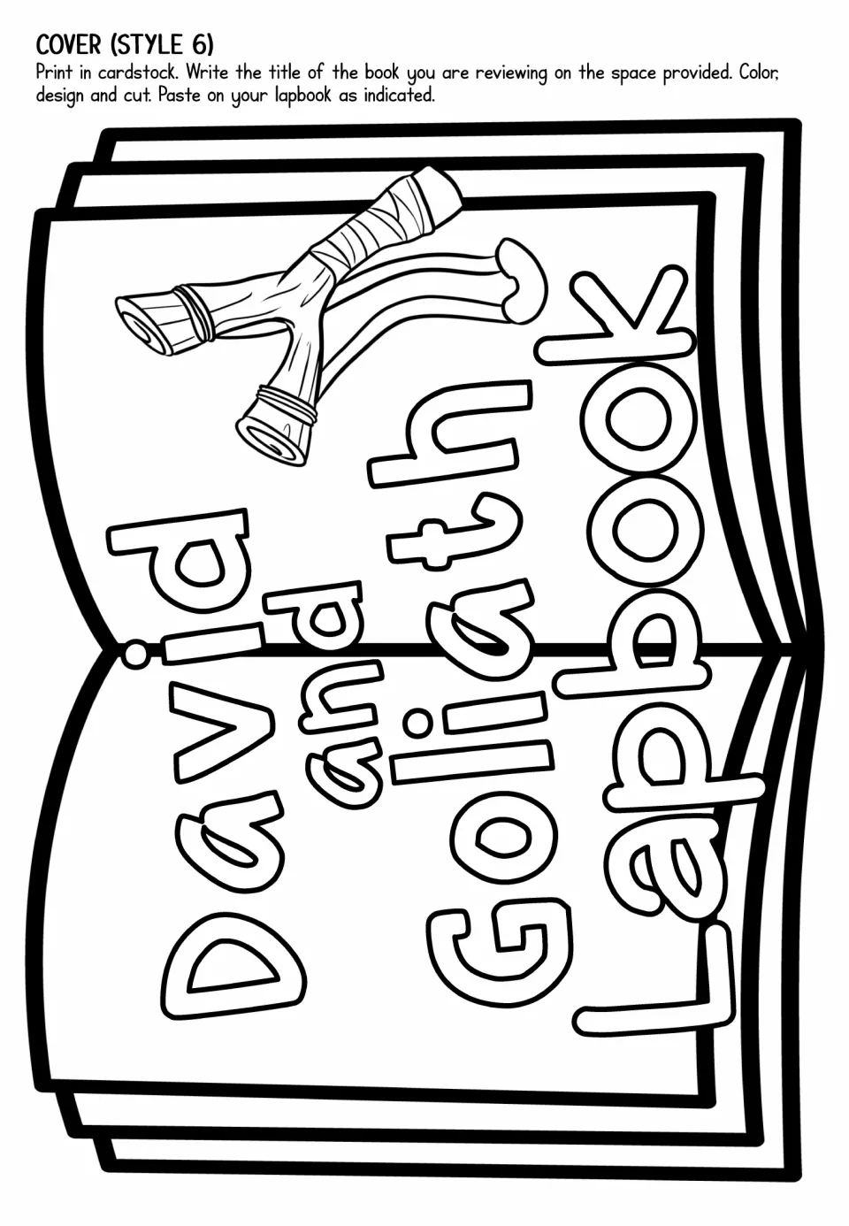 Lapbook cover option 6 pairs the story title with a slingshot on a landscape book shape to color and cut