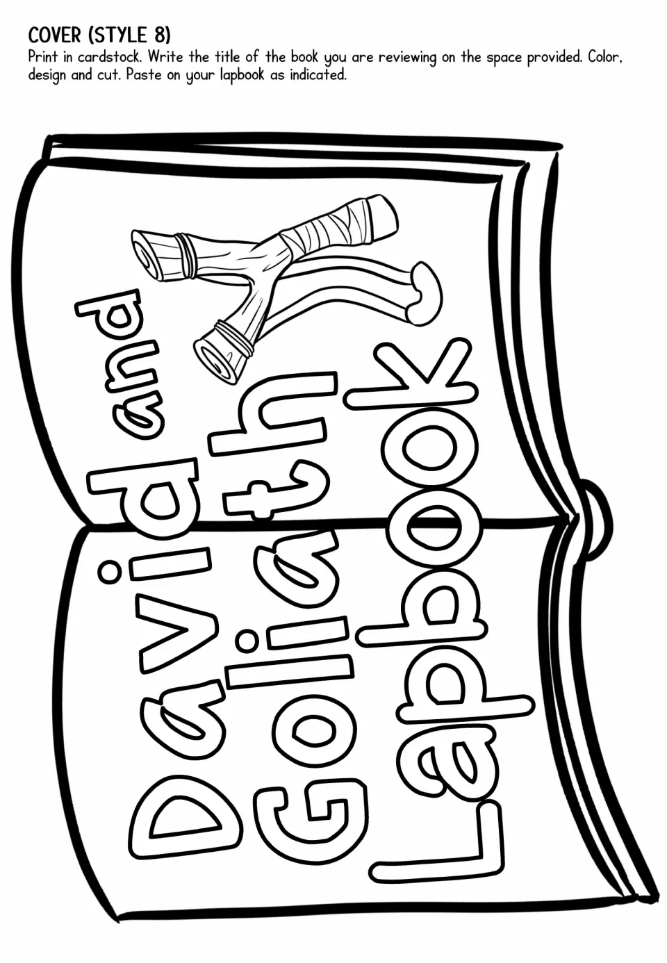 Lapbook cover option 8 uses a curved open-book shape with a slingshot and the story title to color and cut