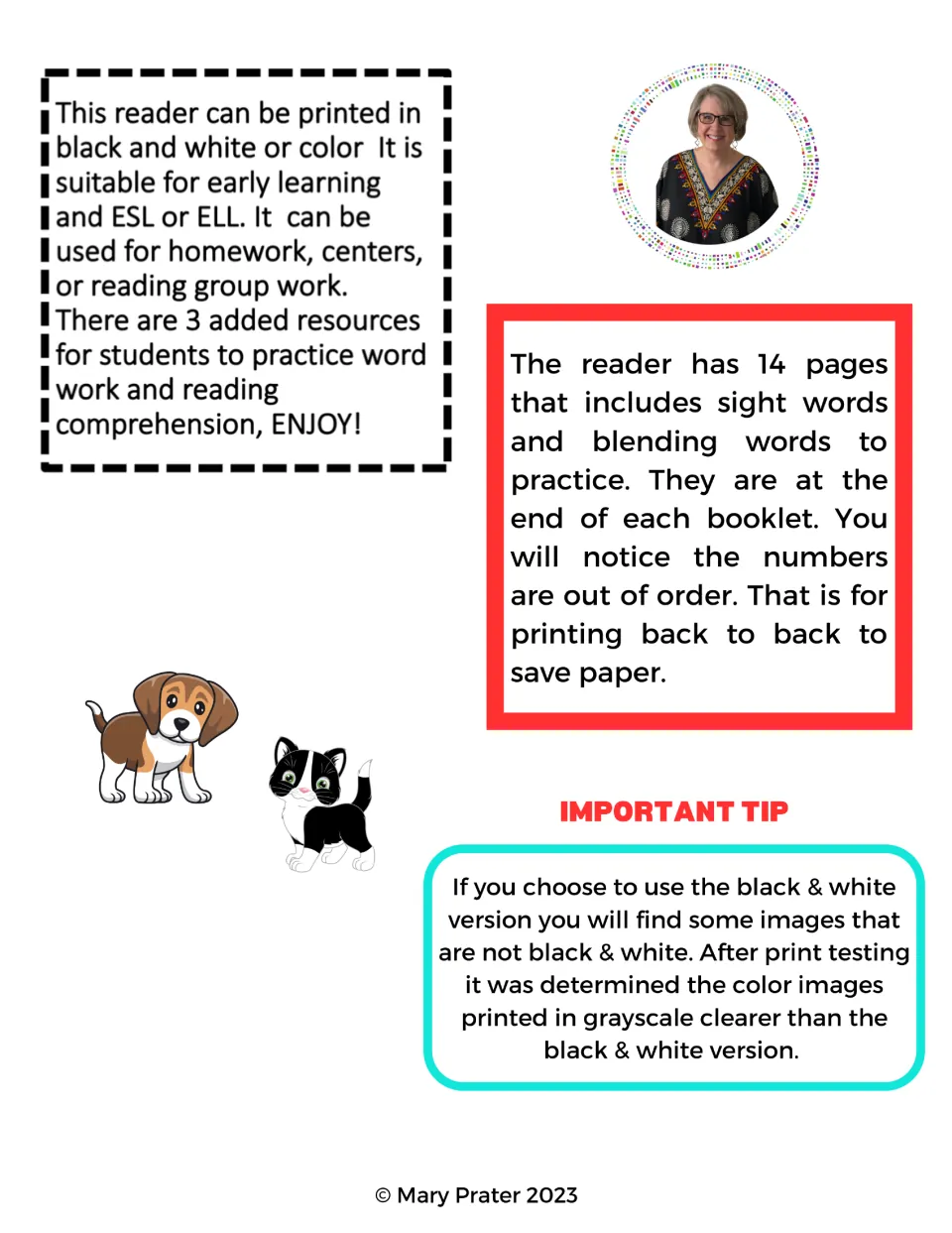 Reader instructions explain the 14-page booklet, back-to-back printing, and color or black-and-white options