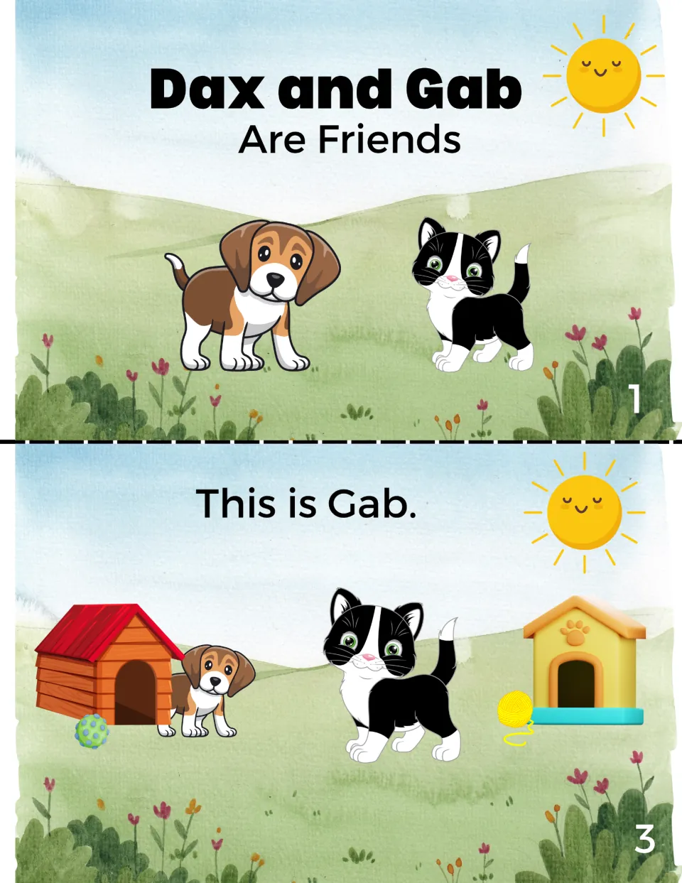 Color booklet pages 1 and 3: the story title introduces two friends, and 'This is Gab' introduces the cat
