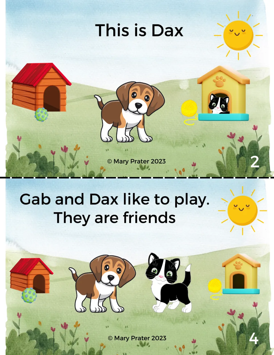 Color booklet pages 2 and 4: 'This is Dax' introduces the dog; Gab and Dax like to play and are friends