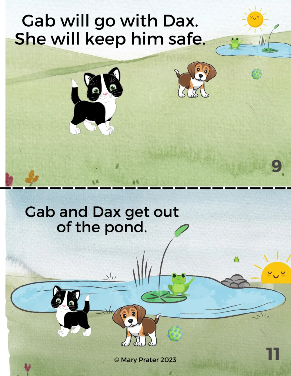 Color booklet pages 9 and 11: Gab goes with Dax to keep him safe; the friends then get out of the pond
