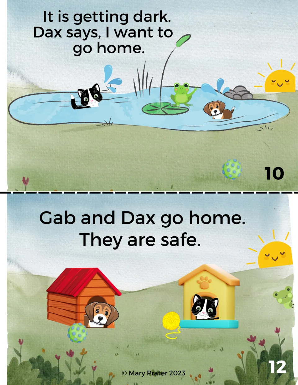 Color booklet pages 10 and 12: as it gets dark, Dax wants to go home; both friends return home safely