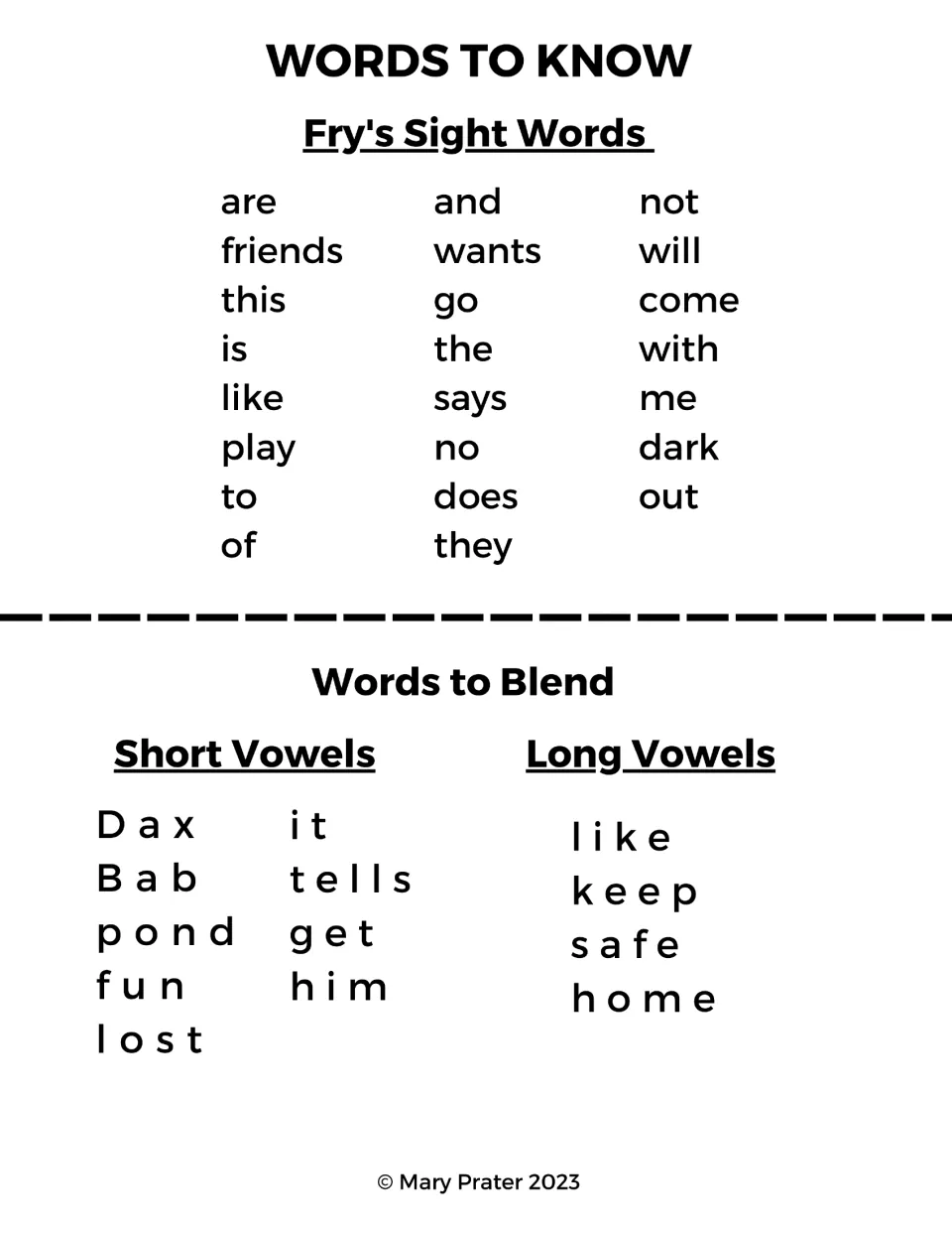 Booklet word-practice pages list Fry sight words and words to blend, grouped by short and long vowels