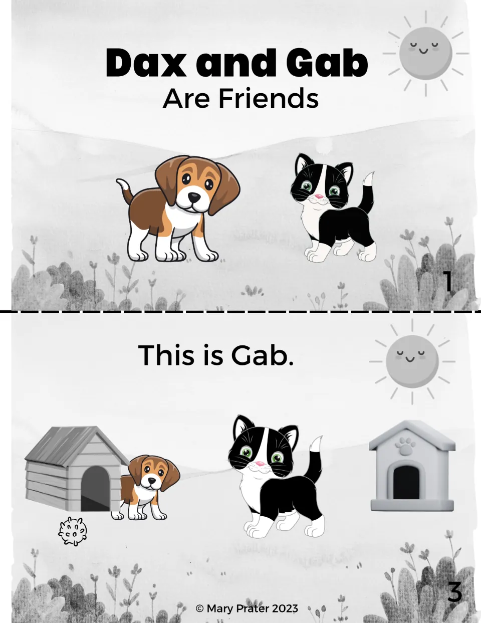 Black-and-white version, booklet pages 1 and 3: story title and 'This is Gab,' with some color animal art