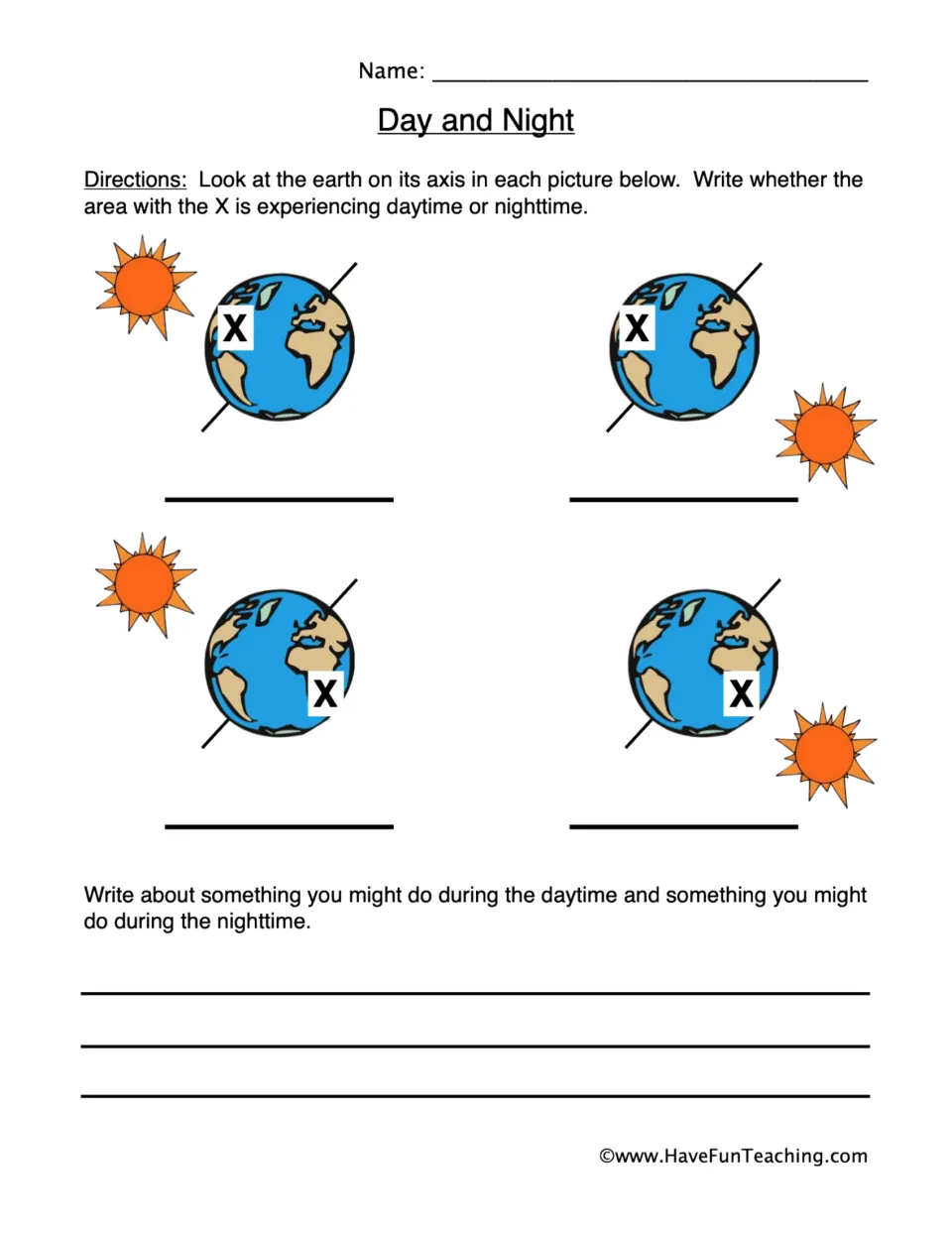 Day and night: students label the X on 4 Earths as daytime or nighttime by Sun position, then write about each