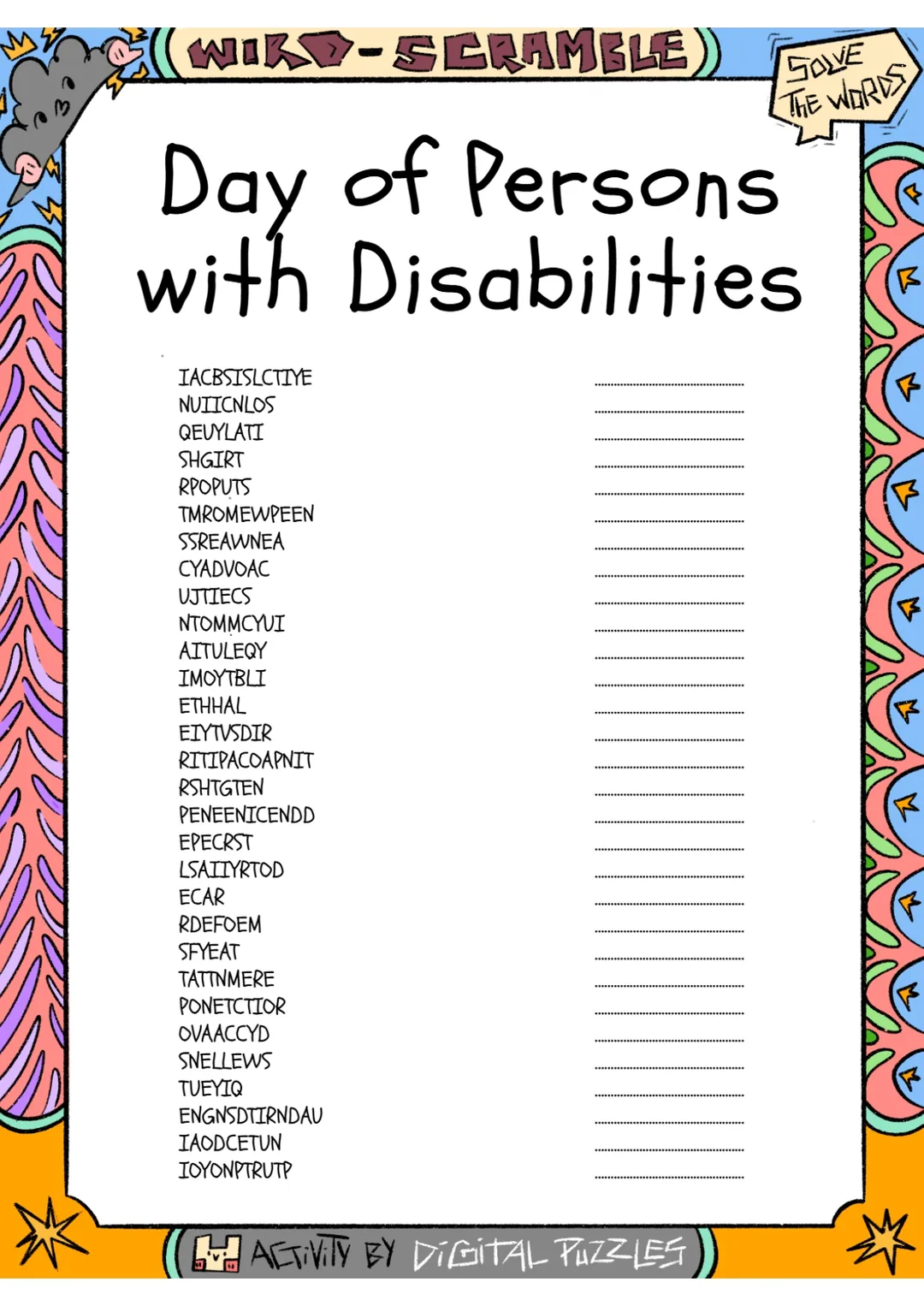 Day of Persons with Disabilities word Scramble puzzle worksheet – cover
