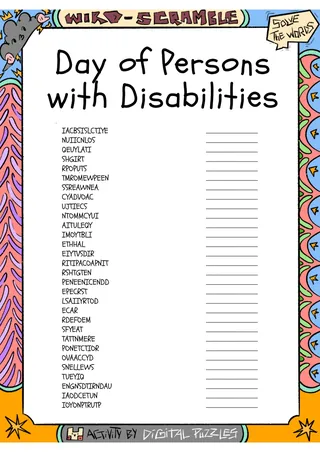 Day of Persons with Disabilities word Scramble puzzle worksheet – cover