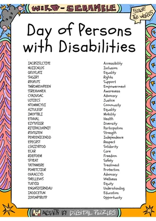 Day of Persons with Disabilities word Scramble puzzle worksheet – sample page 2