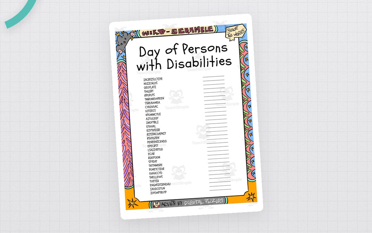Day of Persons with Disabilities word Scramble puzzle worksheet preview