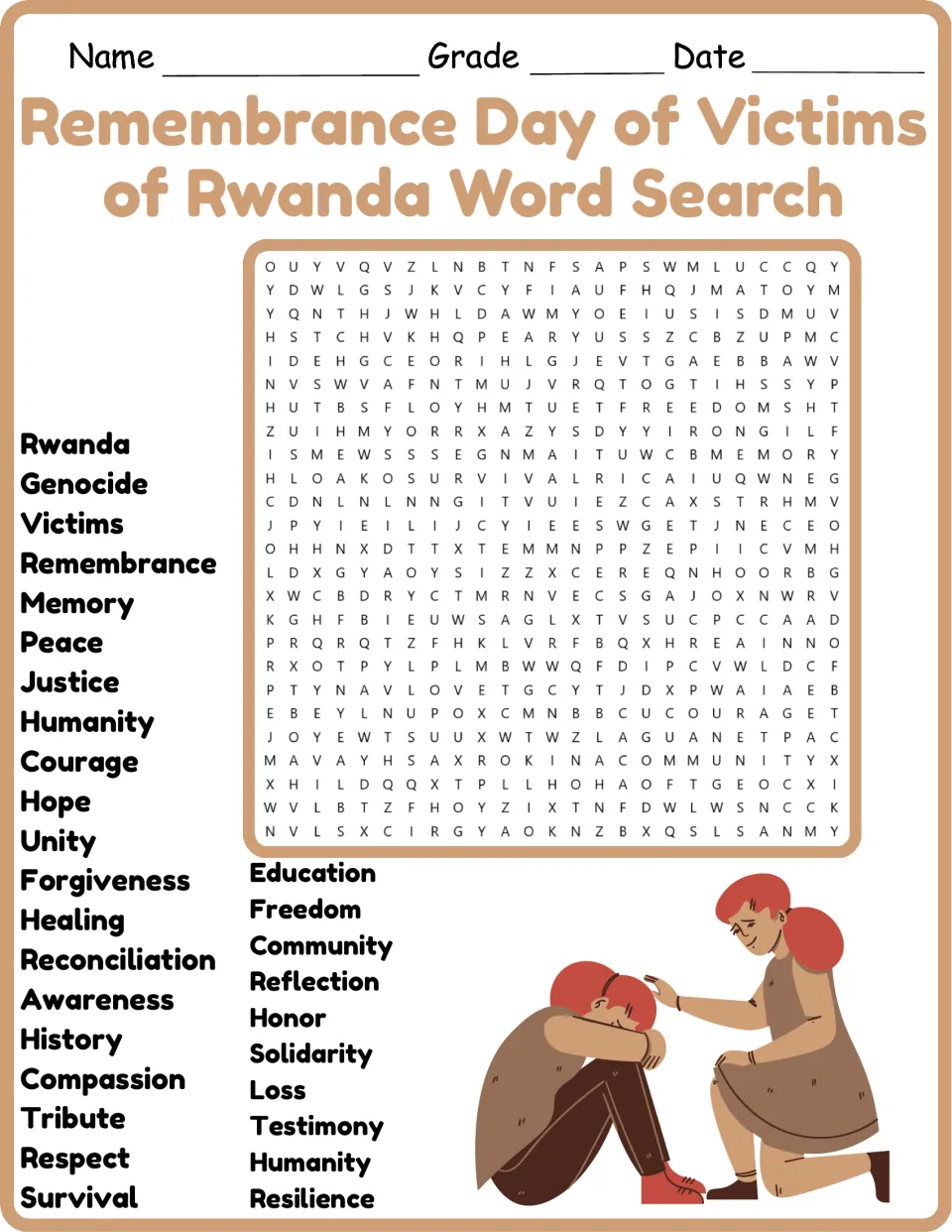 Rwanda genocide remembrance vocabulary: students find 30 words like Genocide, Victims, Justice and Healing in a puzzle