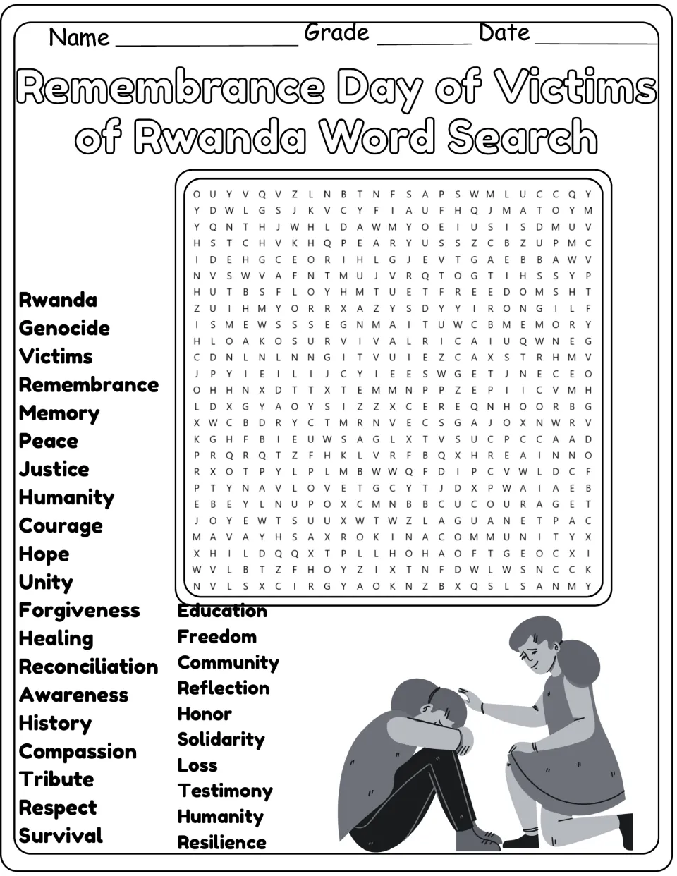 Black-and-white copy of the Rwanda remembrance puzzle: students locate Peace, Unity, Forgiveness, Reconciliation and more