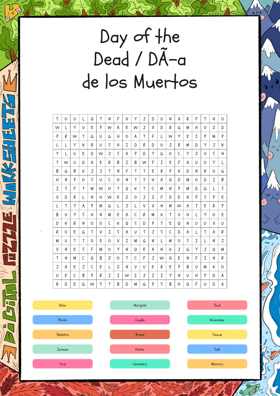 Day of the Dead word search: students find 15 words such as altar, marigold, skull, candle and cemetery in the puzzle