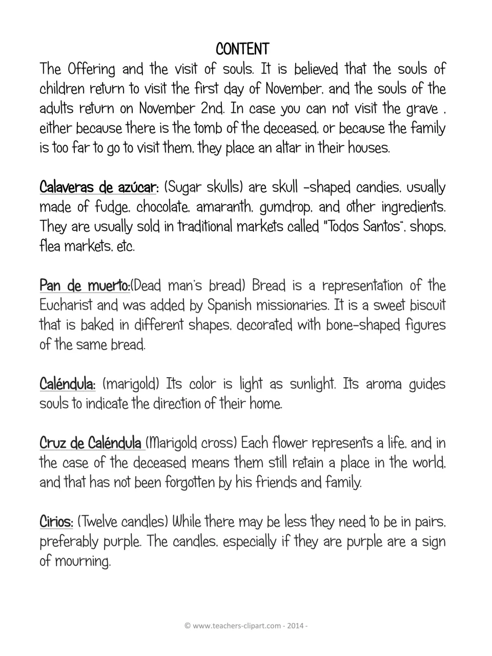 Teacher notes on the altar offering and souls' visit, defining sugar skulls, pan de muerto, marigold, cross and candles