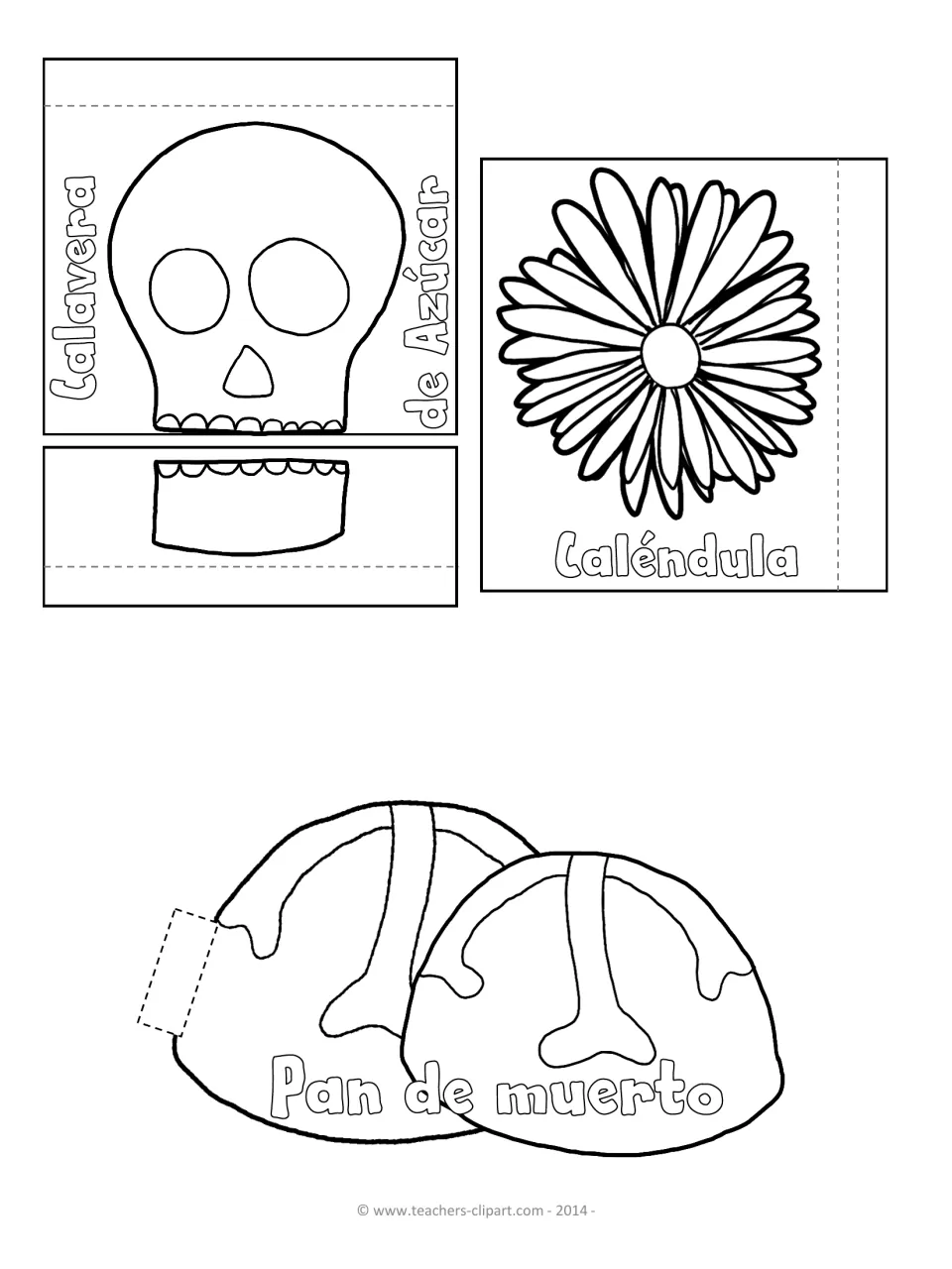 Spanish vocabulary flaps to color and cut: calavera de azúcar with jaw flap, caléndula flower and pan de muerto