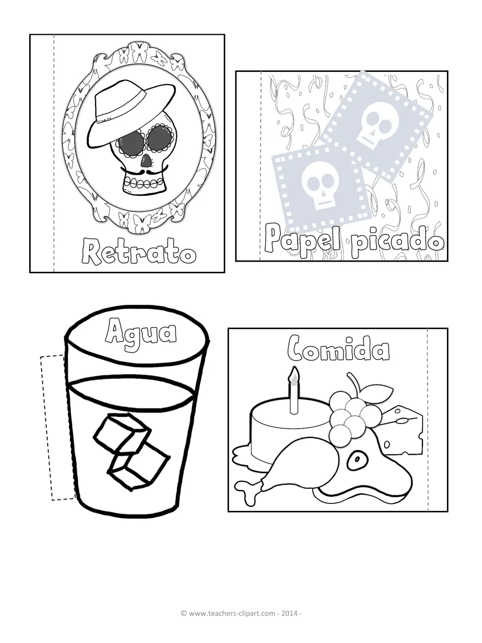 Altar vocabulary flaps to color: retrato skull portrait, papel picado, agua glass with ice and comida food plate