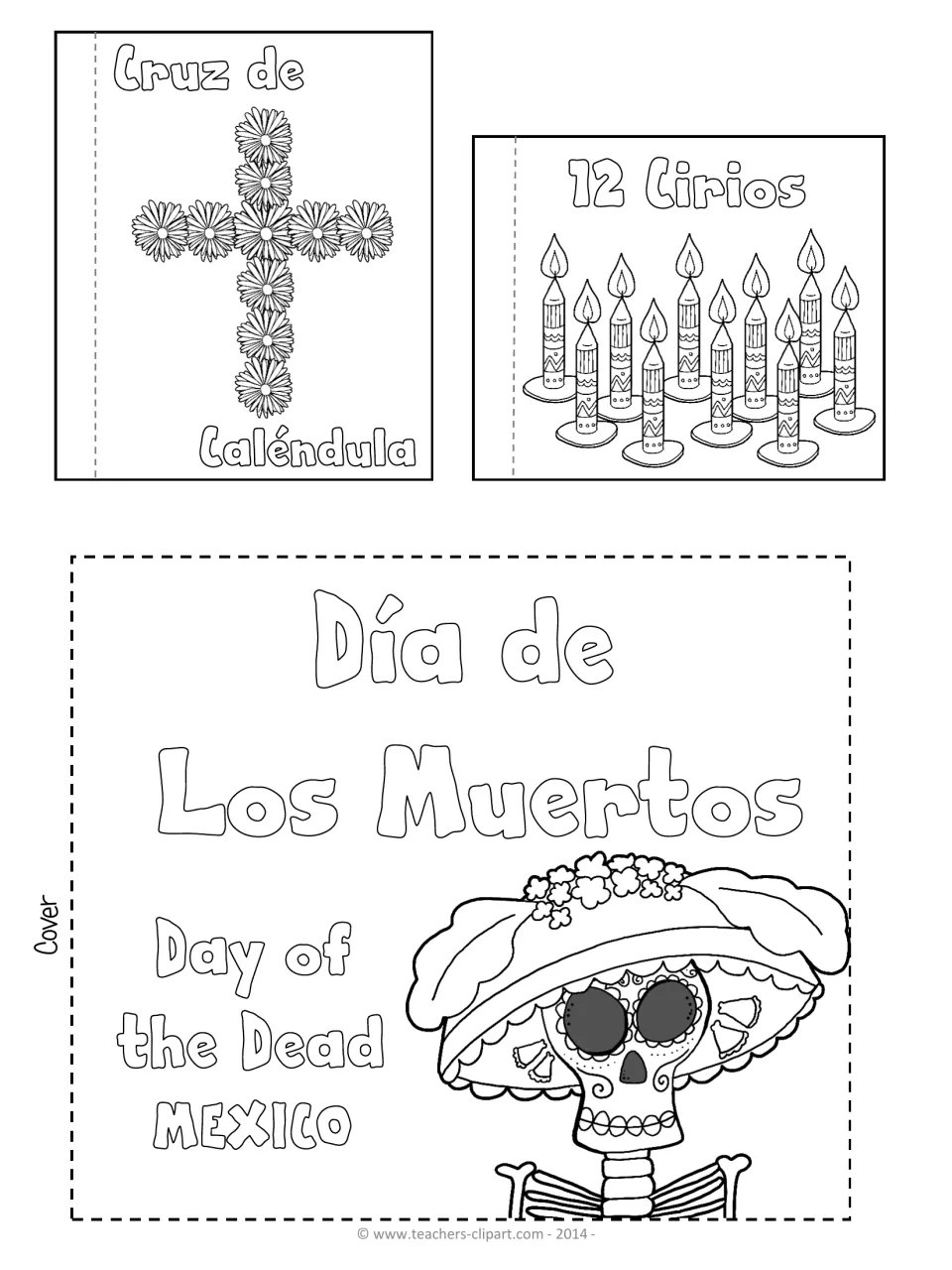 Cruz de caléndula and 12 cirios flaps to color, plus a cut-out notebook cover: Día de Los Muertos with a Catrina