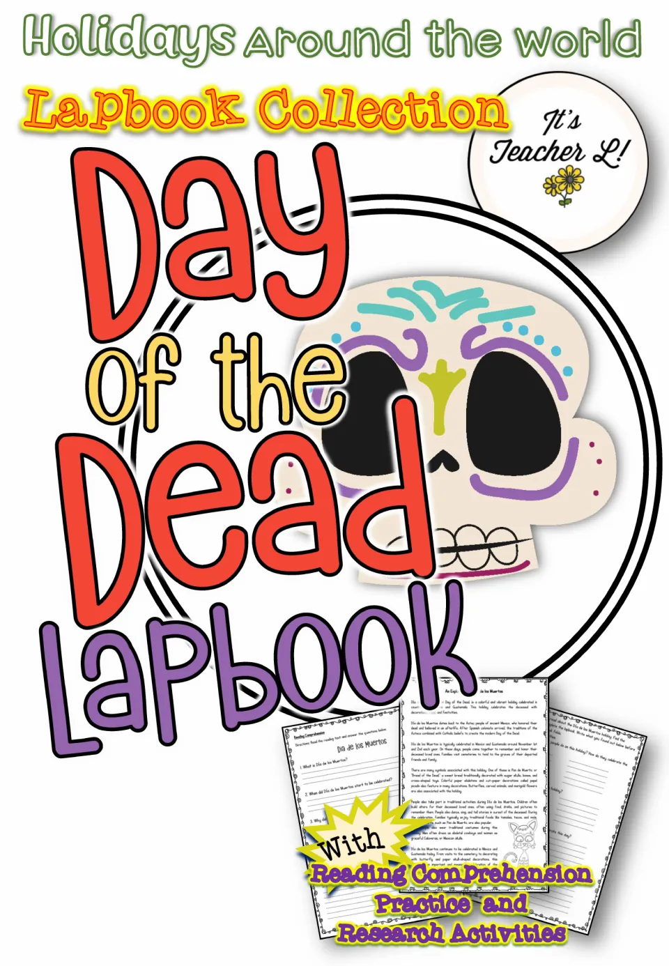 Day of the Dead lapbook cover with sugar skull, from a Holidays Around the World set, plus reading and research activities