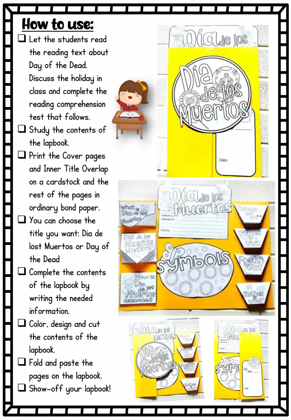 How to use: steps to read the text, answer questions, then print, color, cut, fold and paste pieces, plus finished photos