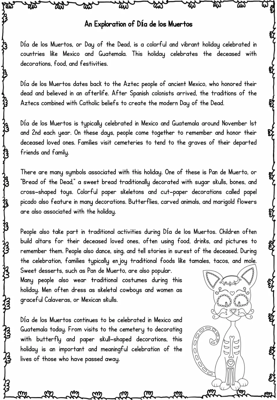 An Exploration of Día de los Muertos: reading passage on the holiday's Aztec origins, dates, symbols, foods and costumes