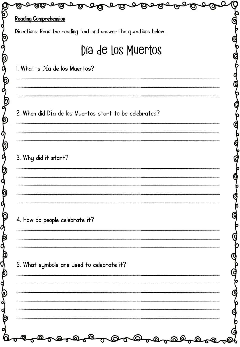 Día de los Muertos reading comprehension: students answer 5 questions on what it is, when and why it began, and its symbols
