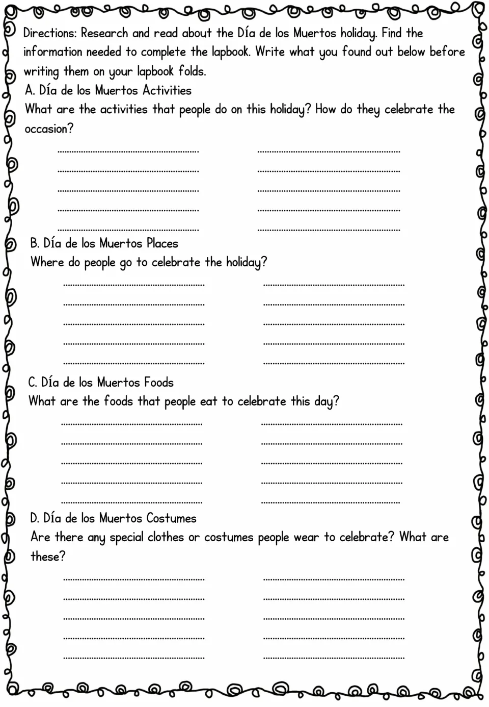Día de los Muertos research notes: students record activities, places, foods and costumes before filling lapbook folds