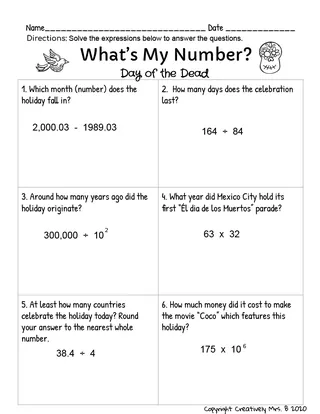 Day of the Dead Math Trivia Worksheet – sample page 2