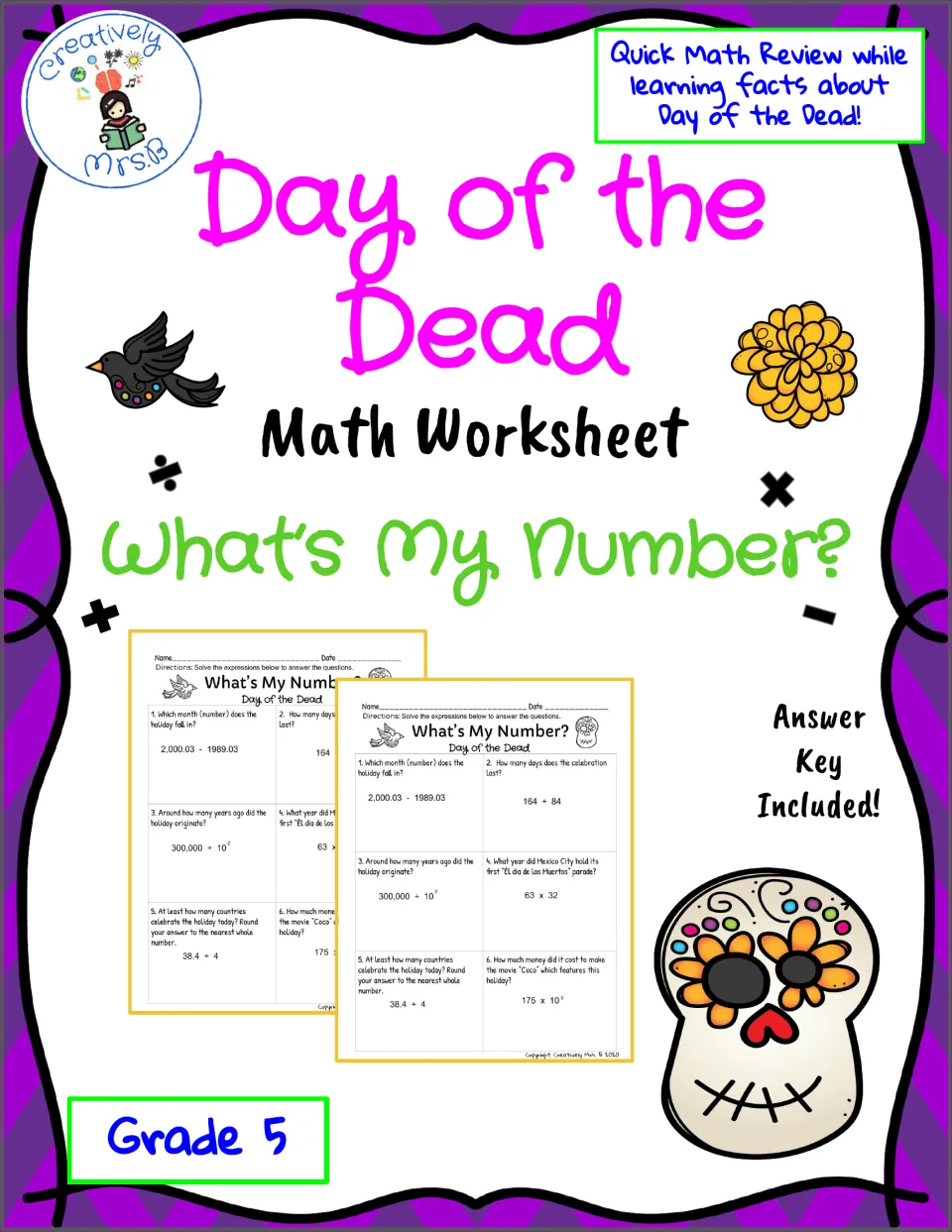 Day of the Dead math cover: What's My Number? expression sheet previews, with a label noting an answer key