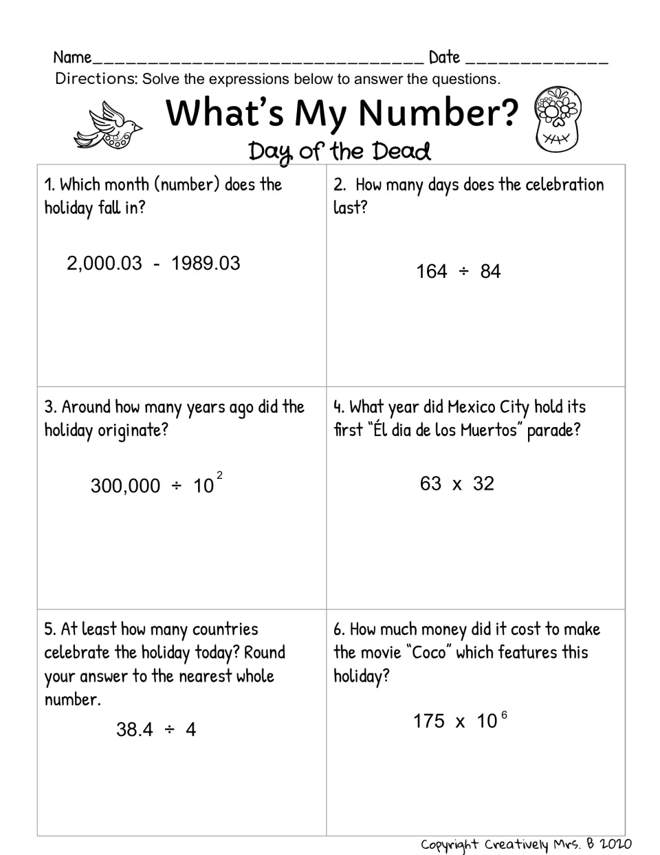 What's My Number? Day of the Dead: students solve 6 expressions with decimals, division and exponents to find holiday facts