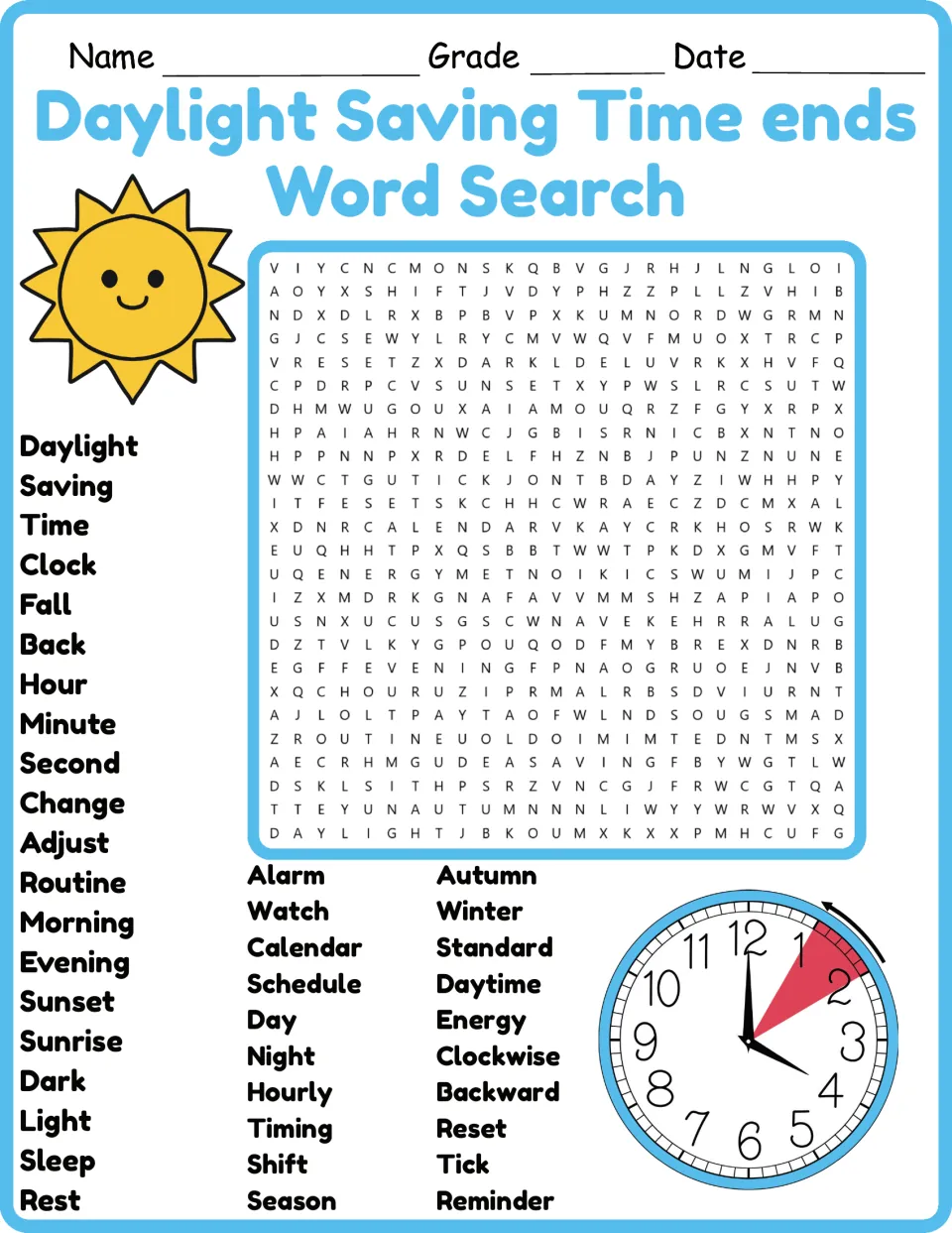 Daylight Saving Time ends word search in color: students find 40 time words like clock, fall, back, hour and reset