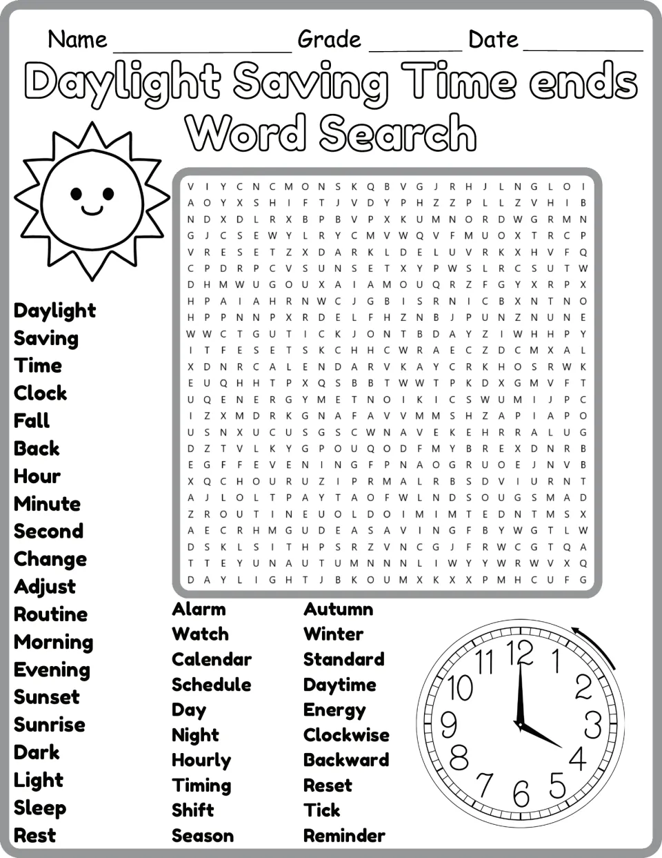 Black-and-white clock change puzzle: students hunt for 40 words such as sunrise, alarm, schedule and clockwise