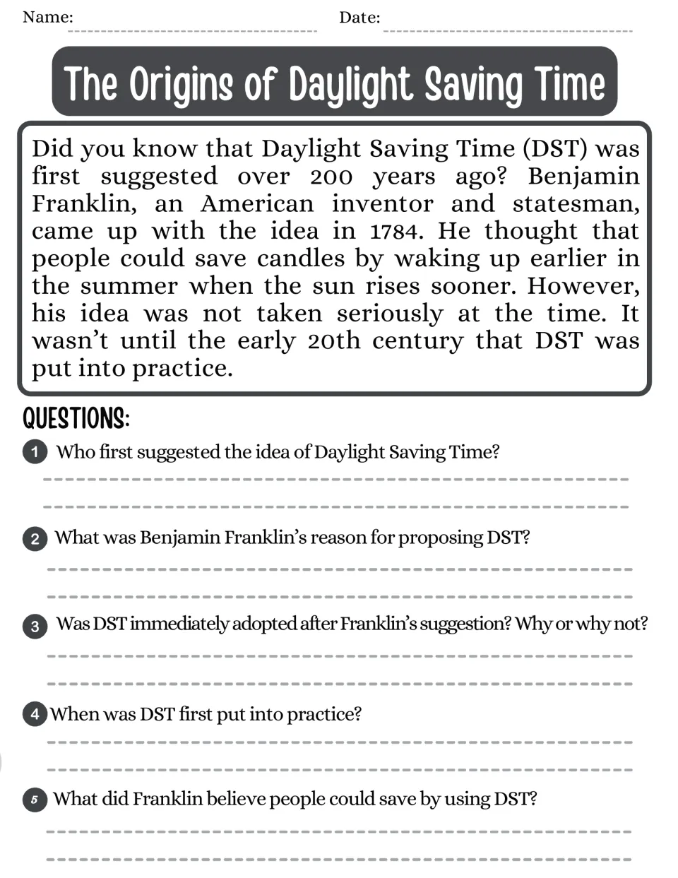 Reading passage on Daylight Saving Time origins, Franklin's 1784 idea, and five comprehension questions