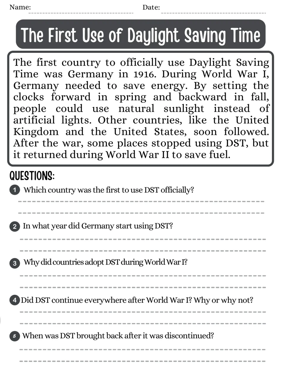 Reading passage on Germany's 1916 use of Daylight Saving Time to save energy, with five questions
